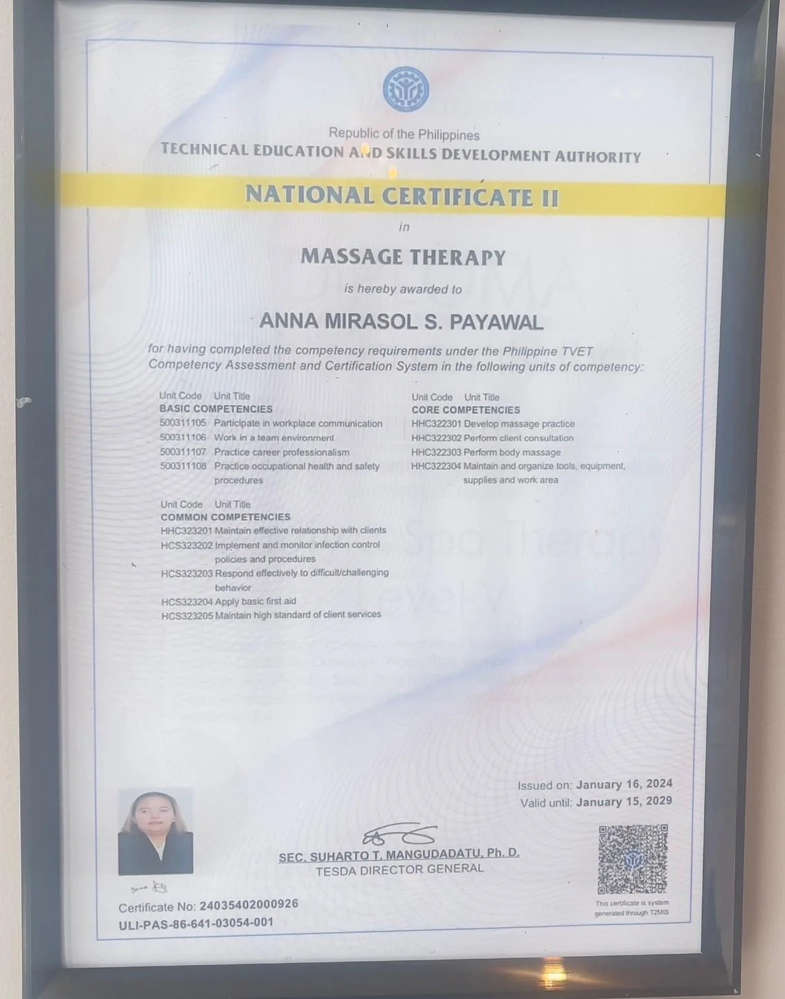 Anna's TESDA National Certificate II in Massage Therapy, issued 16 January 2024 and valid until 15 January 2029