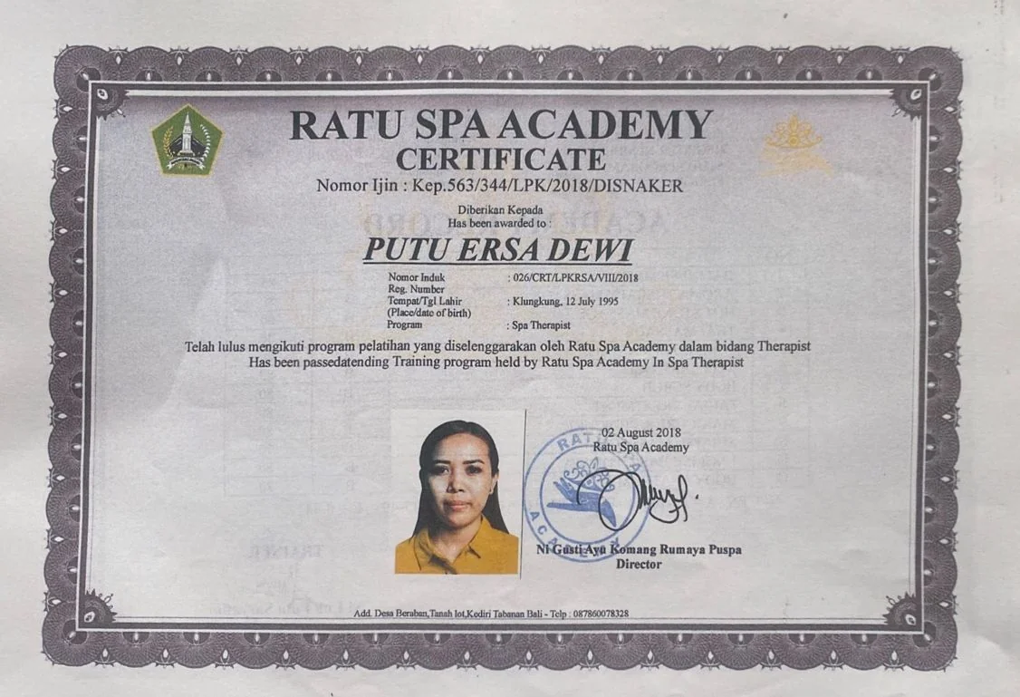 Ersa's Beautique Academy Certificate of Attainment in Advanced Waxing Techniques, dated 6 April 2020