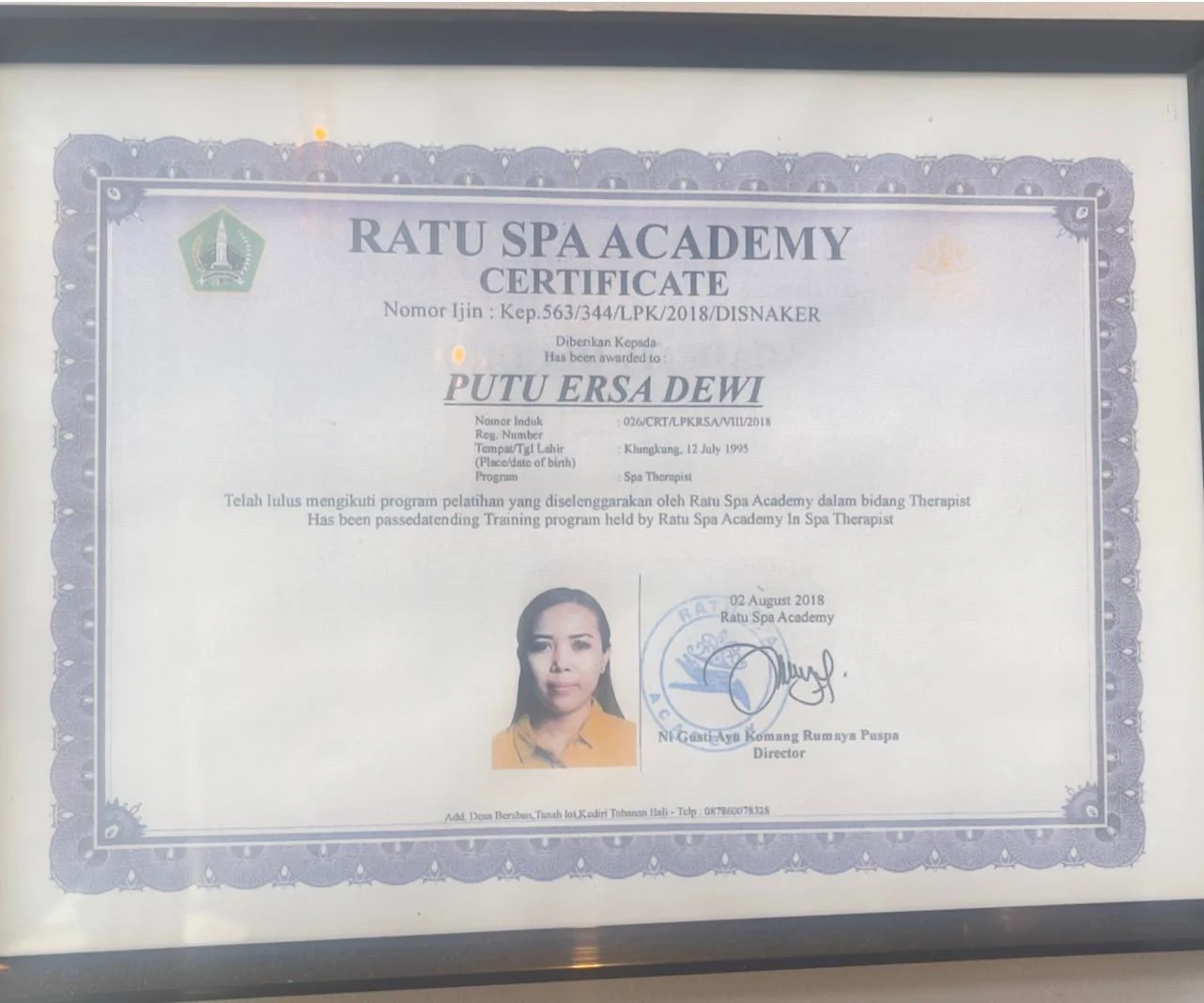 Ersa's Ratu Spa Academy Spa Therapist certificate, issued 2 August 2018