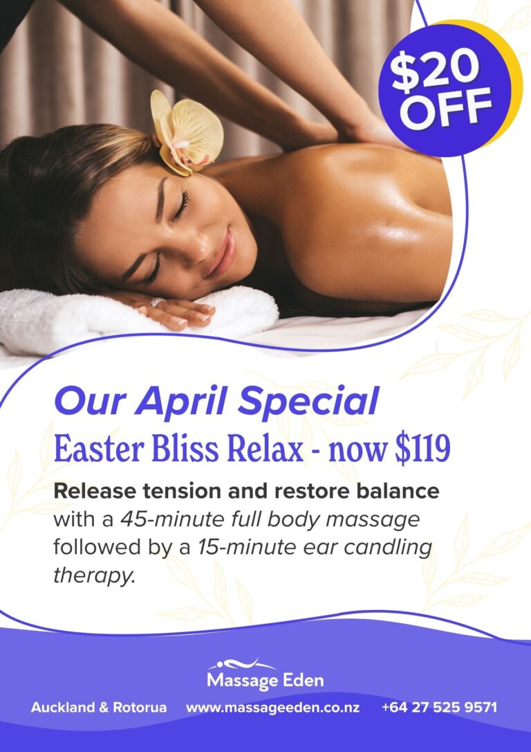 $20 off Our April Special Easter Bliss Relax - now $119 Release tension and restore balance with a 45-minute full body massage followed by a 15-minute ear candling therapy.